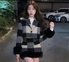 チェック柄ファー付きセットアップ