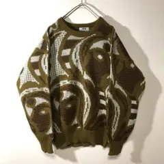 【個性派古着】総柄デザインセーター　ウエーブ柄　ブラウン系　メンズＬ相当　韓国製