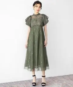 dollydoll グリーン ボリューム袖レースチュールレイヤードドレス