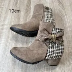 スエード ショートブーツ 19cm ベージュ リボン付きチェック柄 ガール