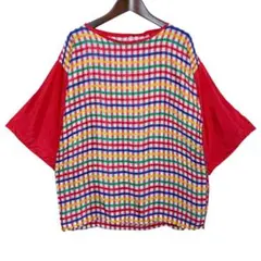 海外古着 総柄 チェック柄 半袖 シャツプルオーバー Tシャツ マルチカラーのサムネイル