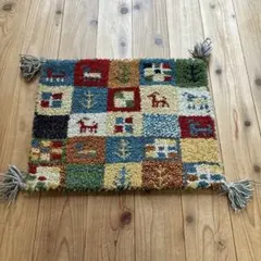 ウールギャベ 手織り45×36cm 玄関マットサイズ 両サイドフリンジ 新品