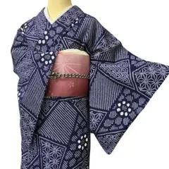A29有松鳴海絞り高級浴衣トンボ紺青綿レディース浴衣単品 お仕立て身丈 