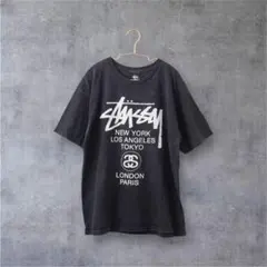 【名作】STUSSY ワールドツアーTシャツ L 黒 両面ロゴ　フェードブラック
