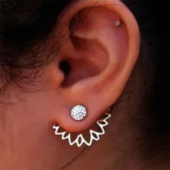 シルバー 花 バックカフ スタッド ピアス フルクリスタル 2way 195-A
