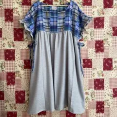 チュニックワンピース　ロング　起毛ブルー系パッチワーク柄　ハンドメイド