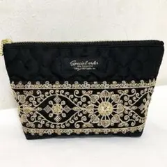 ハートキルトとインド刺繍リボンの上品ポーチ　大サイズ