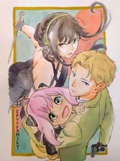 手描きイラストA4　水彩画『最強家族』