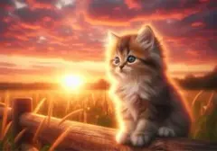 リアルな猫の絵画 夕日背景