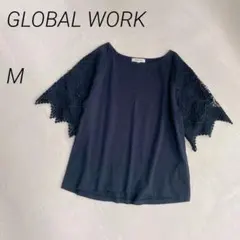 GLOBALWORK　レーススリーブTシャツ　半袖　五分袖　上品　紺のサムネイル