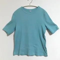 ユニクロ リブクルーネックT 水色 系 5分袖トップス XL