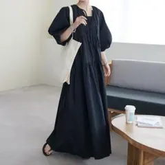 ディスコート 前後2WAYティアード袖バルーンワンピース 黒 F