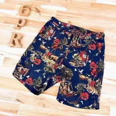 オシャレ【ヨシオクボ】総柄 闘牛 花柄 総柄 ハーフパンツ 春夏 S 紺×赤のサムネイル