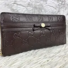 【極美品】GUCCI リボン 型押し GG柄 シマ 長財布 ラウンドジップ