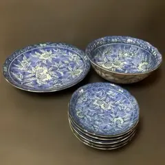 【極美品】美濃焼 西洞窯 双峰 緑彩ザクロ 陶器セット 大皿 大鉢 小皿5枚