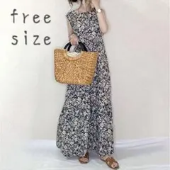 ロングワンピース 花柄 ネイビー フラワー フリル ギャザー 紺 マキシワンピ
