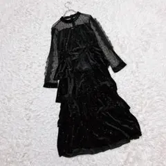 【Jia Yi】　パーティードレス　ベロア　シースルー　光沢感　黒　ラメ入り