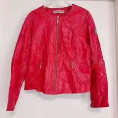 赤 レザー ライダースジャケット ノーカラー シングル レディース【M】海外古着