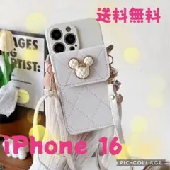 送料無料 iPhone 16 ミッキーマウスショルダーストラップケース　ホワイト