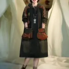 パッチワーク 刺繍デニムロングワンピース フード付き