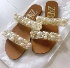 ZARA パール装飾 フラットサンダル　サンダル　S