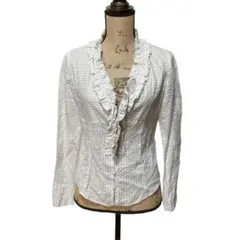 Leilian レリアン シャツ ブラウス フリルデザイン ラメ混 ストライプ