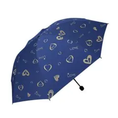 キュートなハート柄♪ 折りたたみ傘 晴雨兼用 8本骨 コンパクト ネイビーブルー