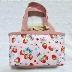 ハンドメイド、苺柄のお弁当箱入れ、巾着カバン、ピンク