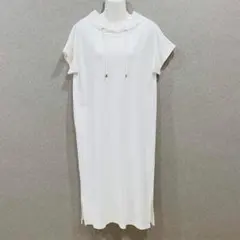 ドローストリングネック ロングワンピース サイドスリット 白