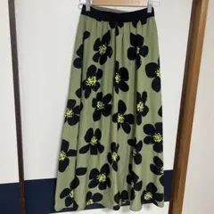 花柄 フレアロングスカート カーキ