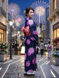 紫×市松×紅葉×牡丹 京都呉服店高級浴衣♡ 老舗呉服店】和の美おぐら 購入 (浴衣 帯セット)黒地 ピンク牡丹柄