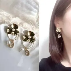 『No 17』ゴールドピアス　パール　ビジュー　ハンドメイドイヤリング　上品