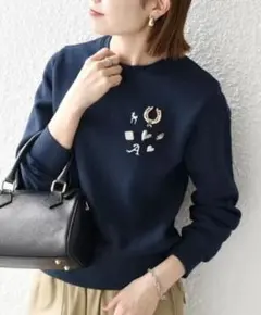 SHIPS any 裏起毛 ビジュー クルーネック コンパクト ネイビー m