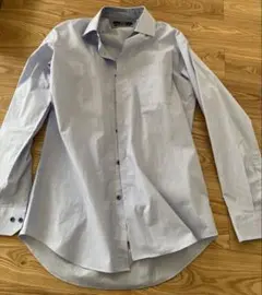 綿100% 薄い青 ストライプ 長袖ワイシャツ L