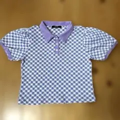 ポロシャツ 半袖 チェック柄 パフスリーブ パープル　紫　ショート　メリディアンのサムネイル