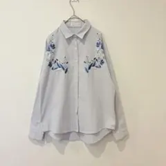 ビス フラワー 刺繍 シャツ ストライプ ブルー 青　フリーサイズ 長袖　可愛い