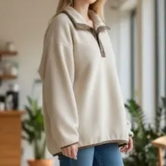 Java（ジャバ）セーター フリースプルオーバー M 白 襟付き 長袖 ゆったり