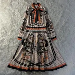 レトロ ✨ワンピース ロング丈 スカーフ柄 ハート柄 ボウタイ リボン M〜L