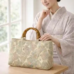 【◎129】紬リメイク ハンドメイド トートバッグ 肌色 青緑 ウッド調持ち手