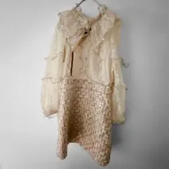 【M】 フリル×ビーズ襟付き クリーム色ワンピース レース＆ツイード風デザイン