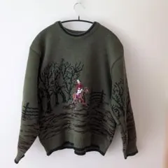 レトロ古着 総柄 刺繍デザインニット 緑 アクリル✕ウール セーター y2k