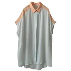 配色シアーシャツ ロング丈 半袖 ミント 韓国 体型カバー 羽織り