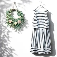 ボーダーフレアワンピース M 9号 美品 ノースリーブ 上品