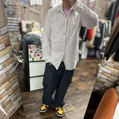 伊*吹様 ストライプ ボタンダウンシャツ 白、ブラウン 茶色 L 古着