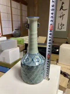 青緑の幾何学模様花瓶 九谷焼　新品未使用品