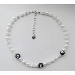 パールネックレス クリアビーズ エイトボール 8ボール ビリヤード 韓国