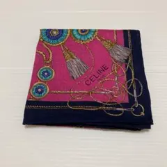 CELINE ピンク ネイビー ハンカチ大判