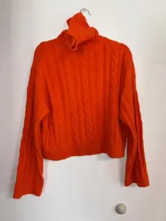 オレンジ ケーブルニット タートルネック XL