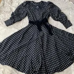 ビンテージ　紺　水玉ワンピース　長袖　パフスリーブ　リボン