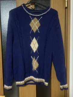 アーガイル柄 ネイビー ニットセーター　ニット　古着　古着屋購入　レトロ　手編み